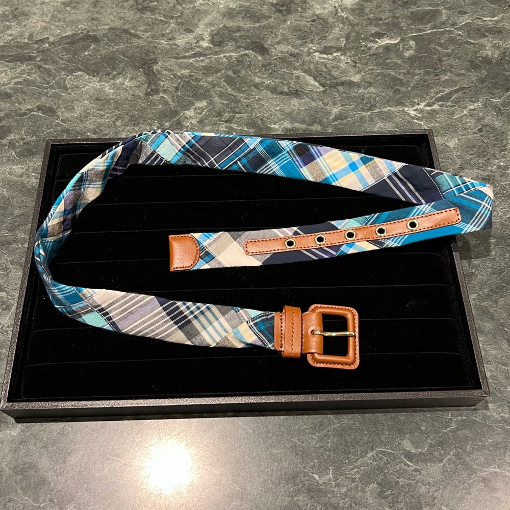 Talbots Blue Plaid Belt Size Small 100% Cotton NWT
